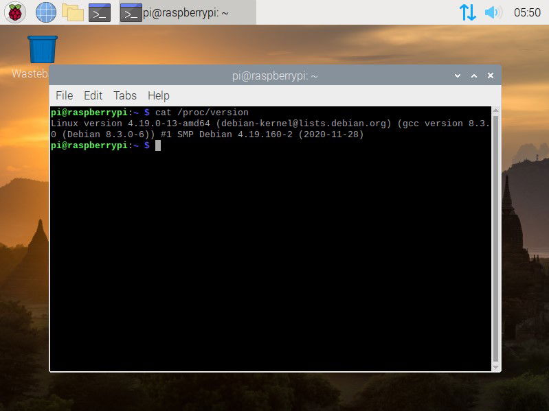 Screenshot des Raspberry Pi-Desktops, der ein Terminalfenster zeigt