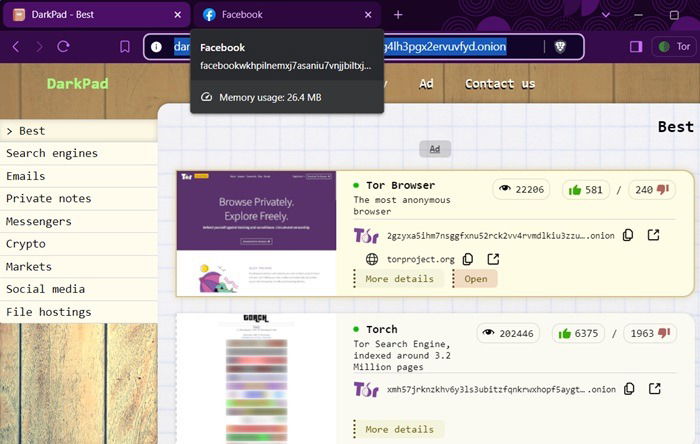 Ouverture de plusieurs onglets Onion sur le navigateur Brave en utilisant le menu