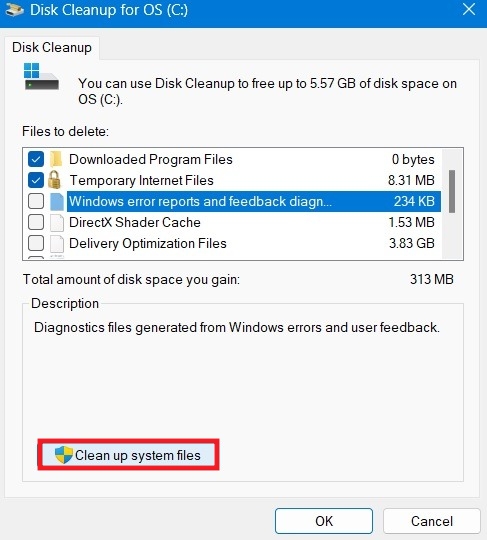 ディスククリーンアップでシステムファイルをクリーンアップをクリック。