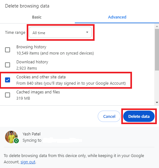 Cancella i Cookie su Google Chrome per disabilitare l'avviso di Download Non Sicuro Bloccato.
