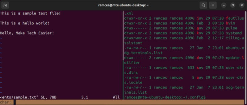Un terminal montrant les indices de mots-clés fonctionnant dans une configuration Tmux multi-panneaux.