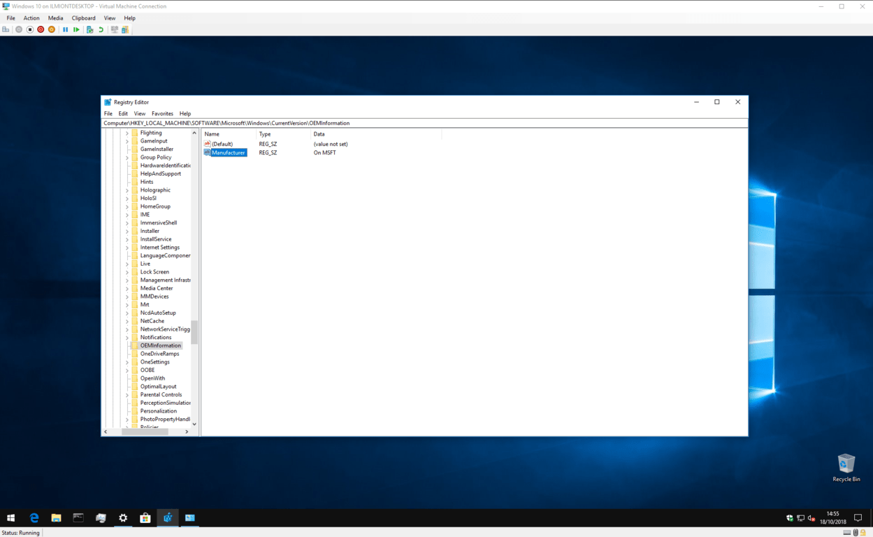 OEM情報をレジストリで編集するスクリーンショット