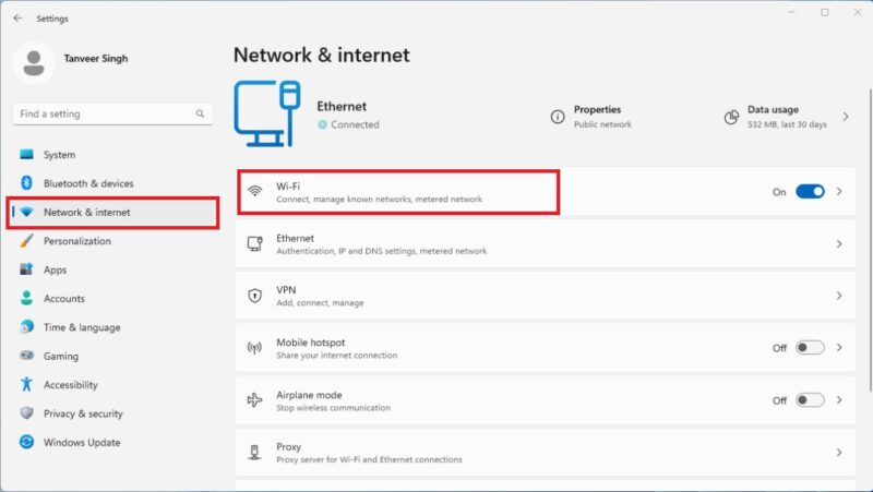 Скриншот настроек сети Windows 11