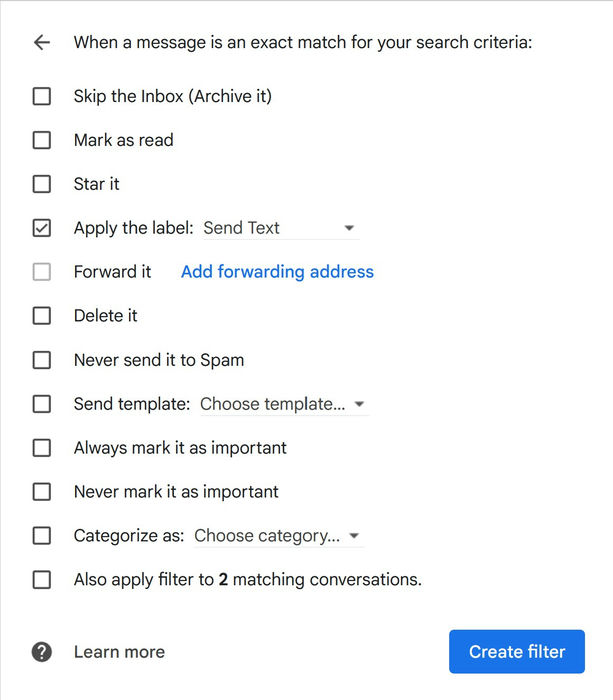 Automatizza Gmail 2 Filtro Invia Testo