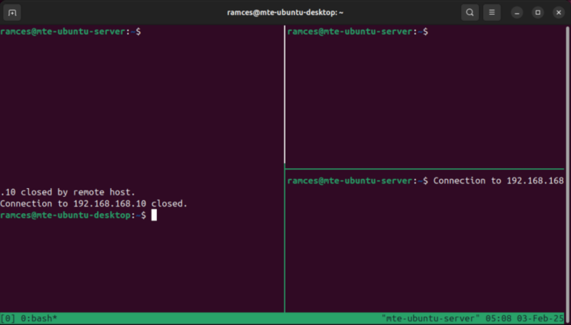 Un terminal montrant une session Tmux déconnectée abruptement.