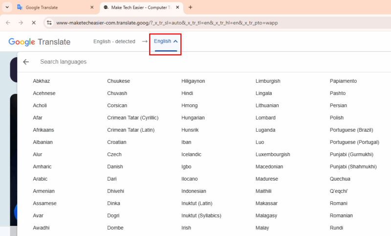 Sprache für die Übersetzung auswählen