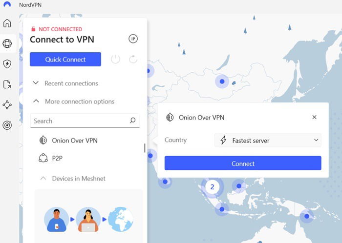 Application NordVPN avec des serveurs Onion over VPN prêts à se connecter.