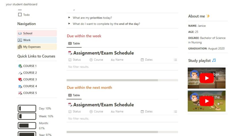 Plantilla de Panel de Estudiante de Notion
